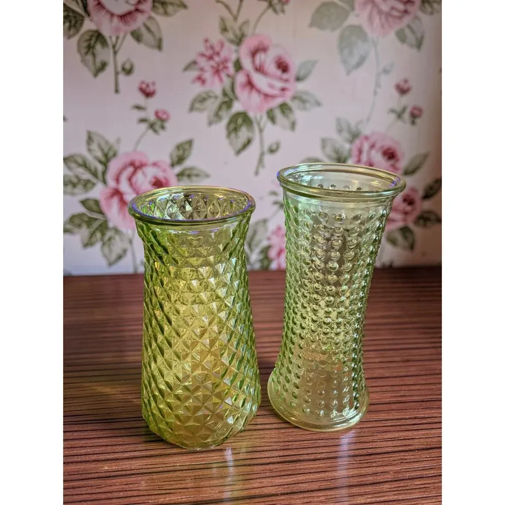 Vintage DPS Green Glass Vases Set of 2 Paula Hobnail MCM 1960s Textured 9-10